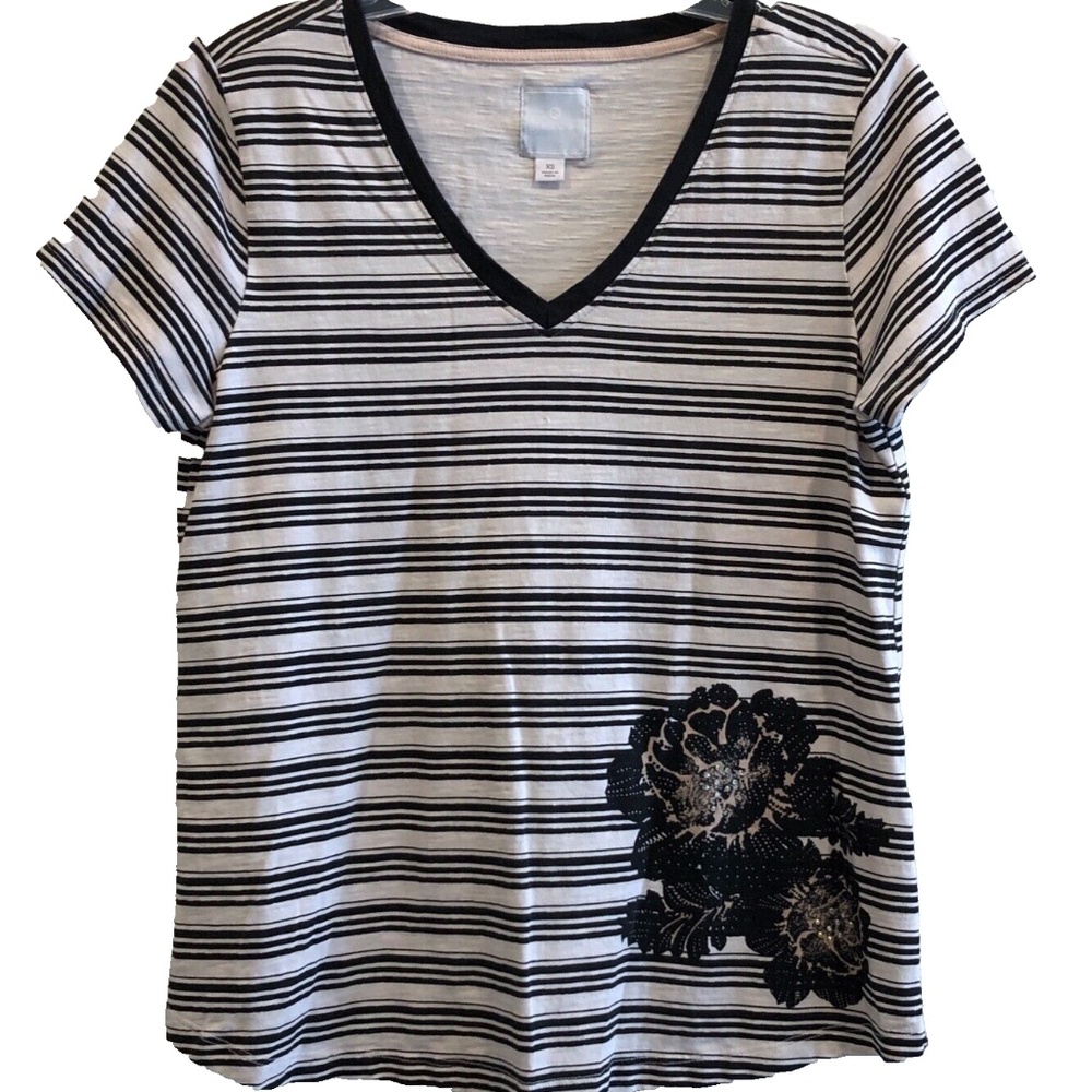 3 For $15 Sunday Women's V-Neck Striped Embellished Short Sleeve T-Shirt Size XS